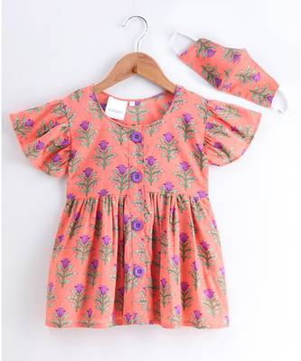 peach cotton printed stitched   frock 2