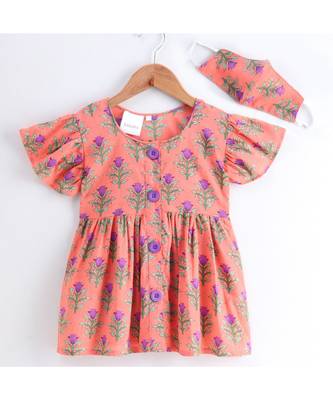 peach cotton printed stitched   frock 3