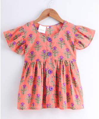 peach cotton printed stitched   frock 4