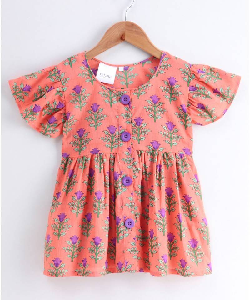 peach cotton printed stitched   frock