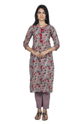 Varyaa women's  Grey nd Pink Jaal Print Coloured Pure Cambric Cotton Printed Jaipuri Kurti Plazzo Set (S to XXL Size) 1