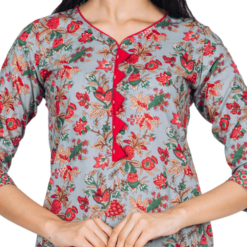 Varyaa women's  Grey nd Pink Jaal Print Coloured Pure Cambric Cotton Printed Jaipuri Kurti Plazzo Set (S to XXL Size) 5