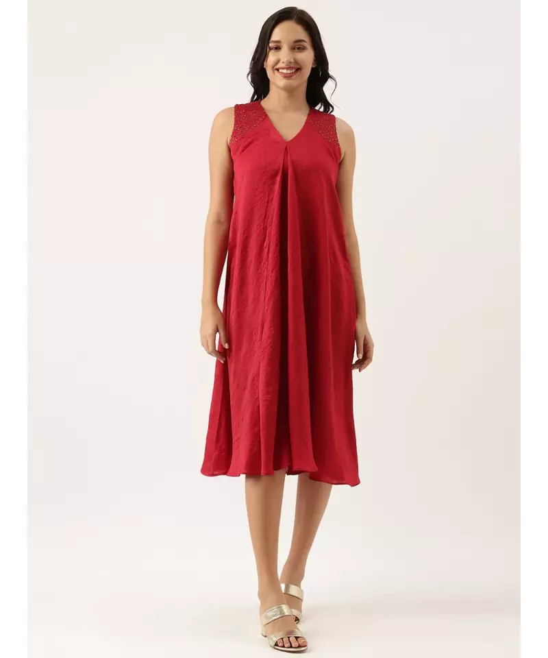 Red Sleeveless Crush Silk Dress