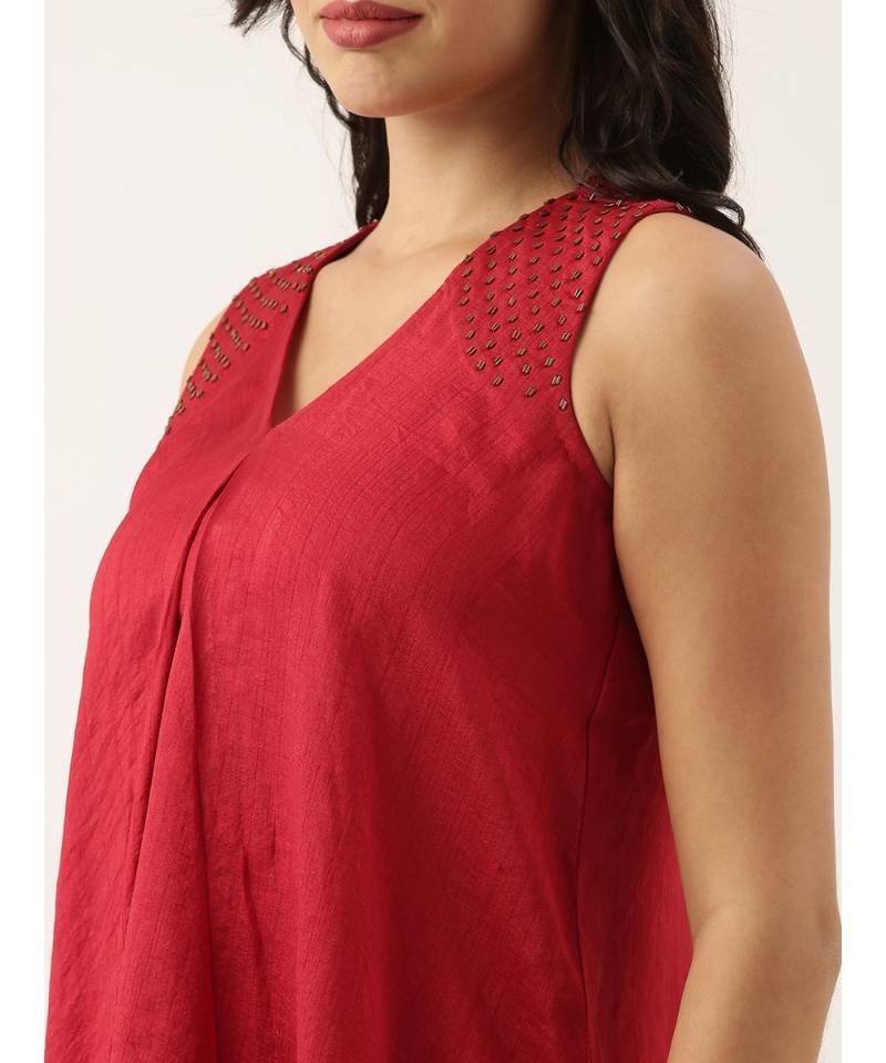 Red Sleeveless Crush Silk Dress