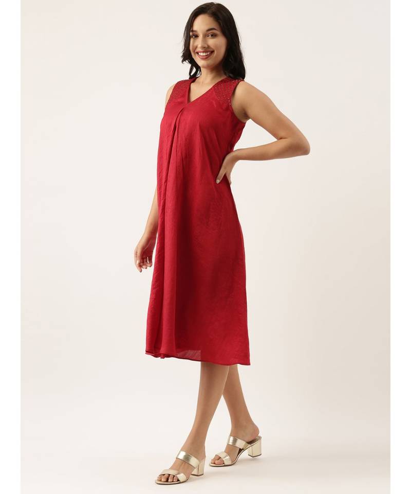 Red Sleeveless Crush Silk Dress