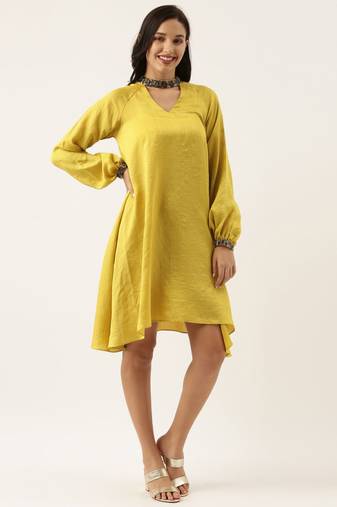 Yellow Collar Neck Silk Dress