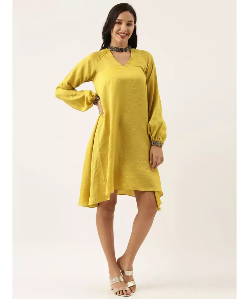 Yellow Collar Neck Silk Dress