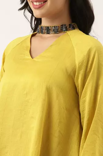 Yellow Collar Neck Silk Dress