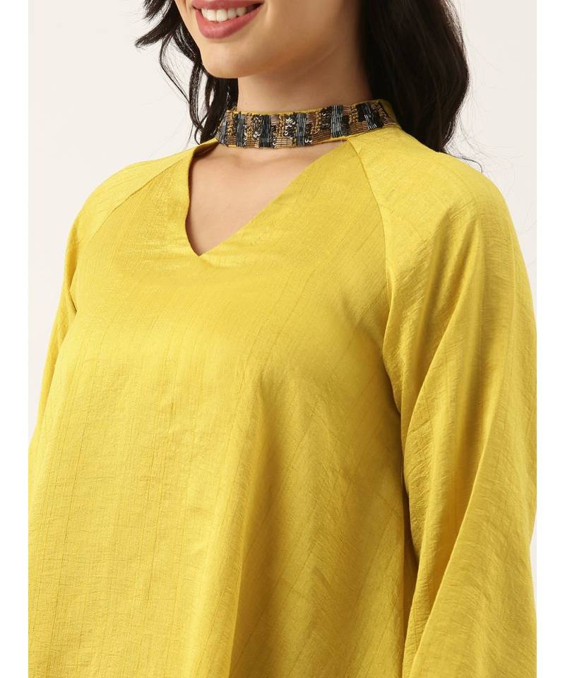 Yellow Collar Neck Silk Dress