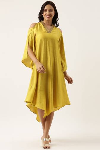 Neck Line Yellow Silk Dress