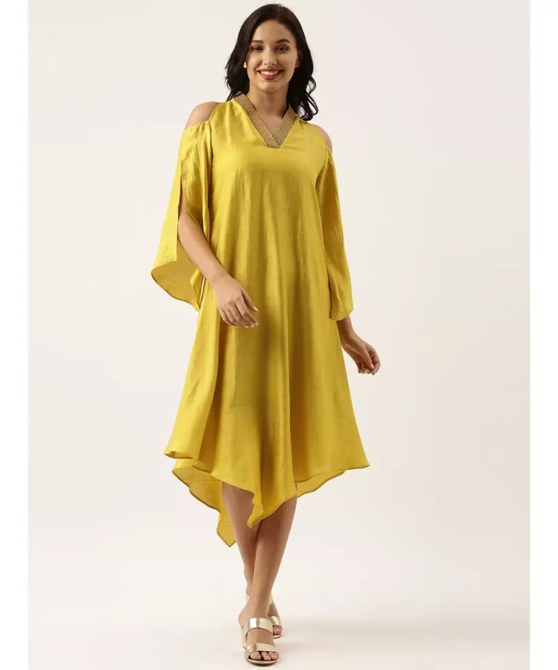 Neck Line Yellow Silk Dress