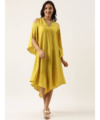 Neck Line Yellow Silk Dress 1
