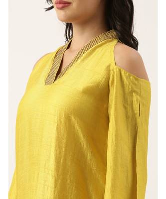 Neck Line Yellow Silk Dress 3
