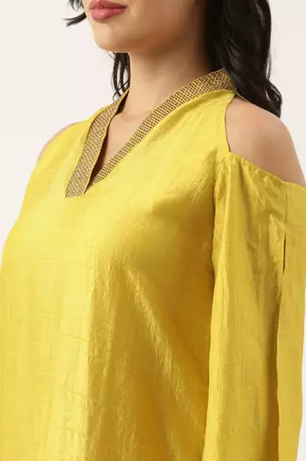 Neck Line Yellow Silk Dress