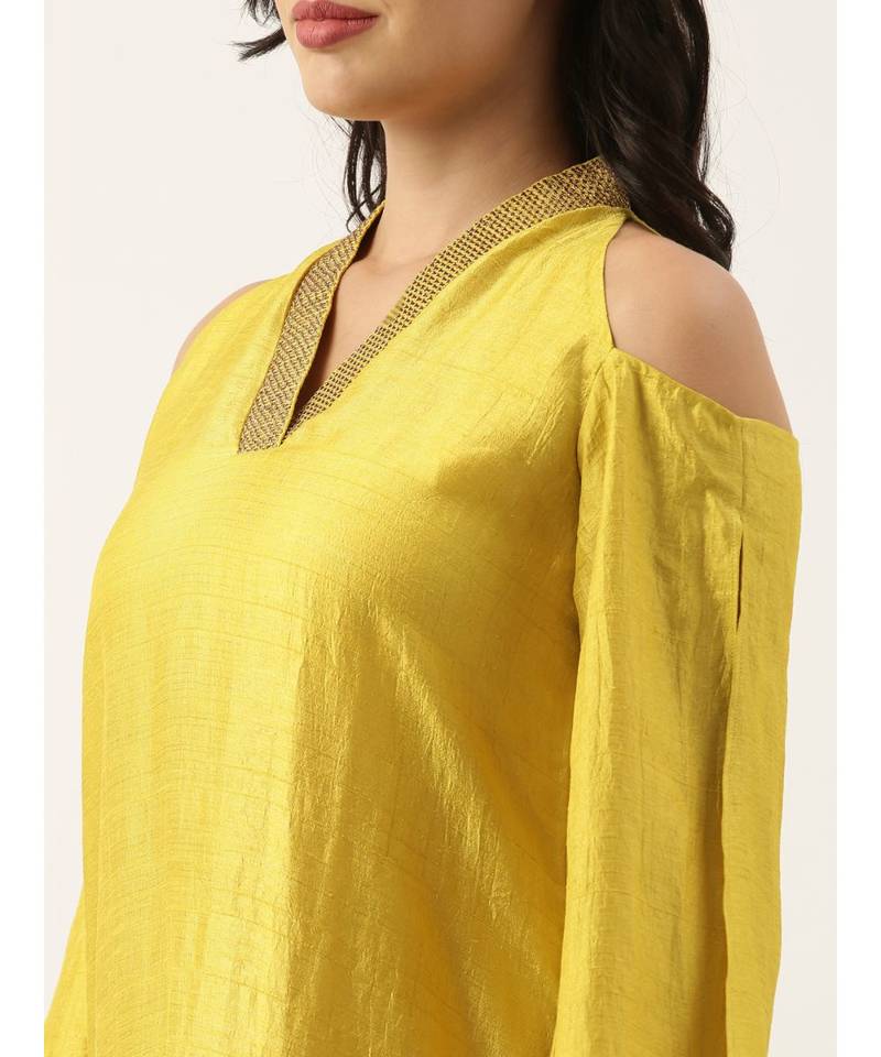 Neck Line Yellow Silk Dress