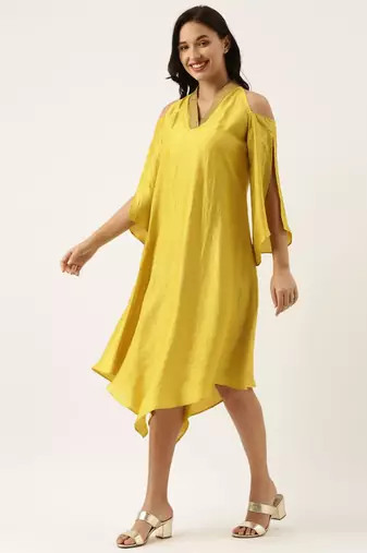 Neck Line Yellow Silk Dress