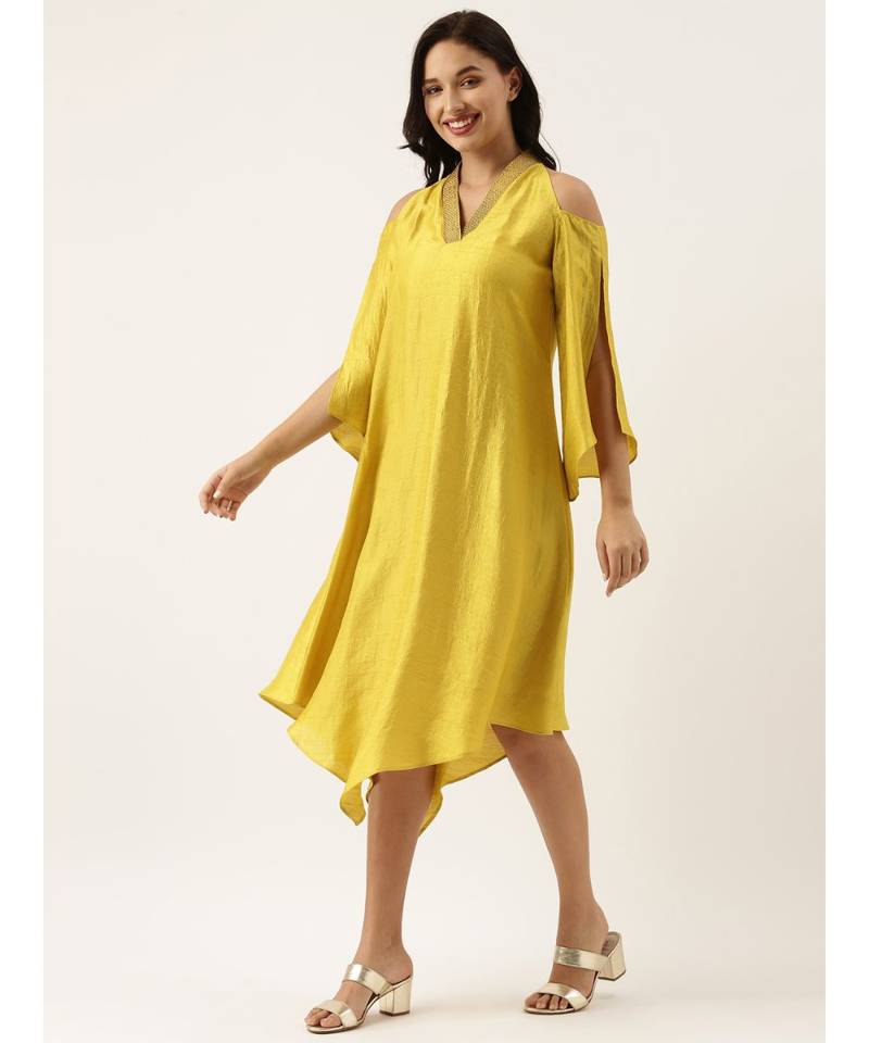 Neck Line Yellow Silk Dress