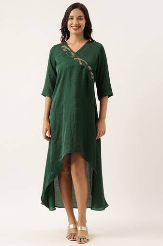 Bottle Green Silk Embroidered Dress