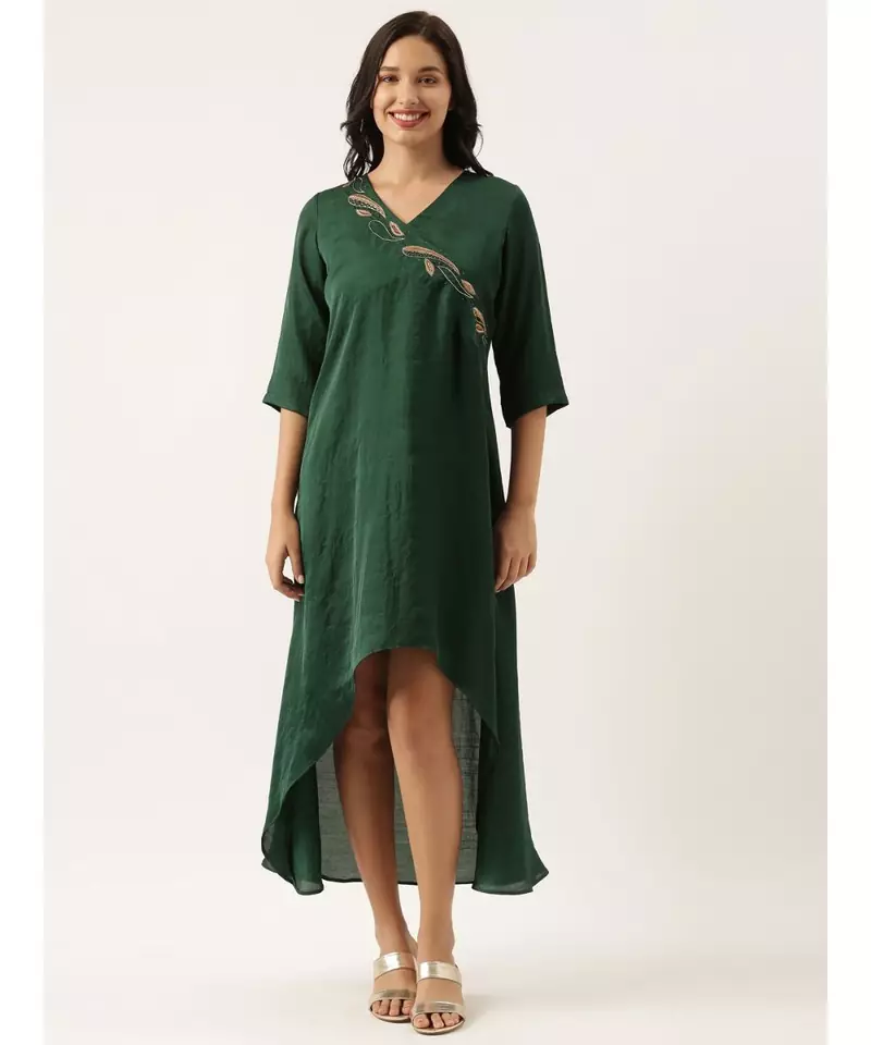 Bottle Green Silk Embroidered Dress