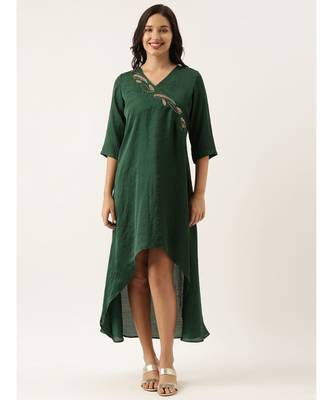 Bottle Green Silk Embroidered Dress 1
