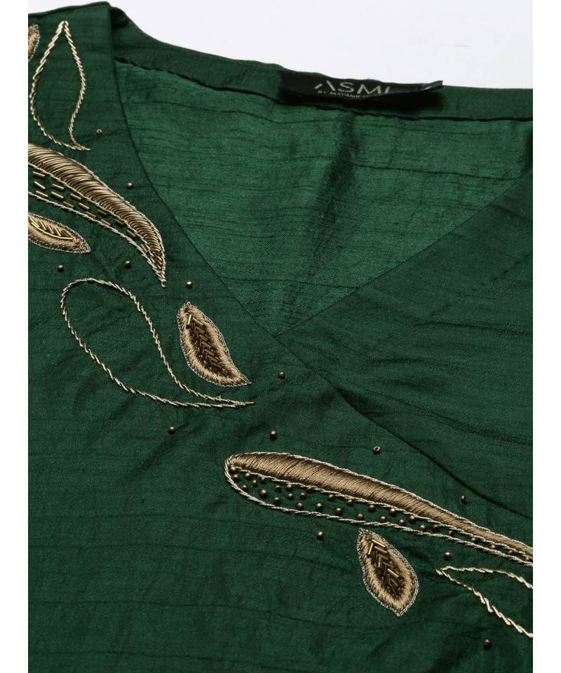 Bottle Green Silk Embroidered Dress
