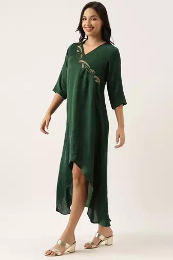 Bottle Green Silk Embroidered Dress