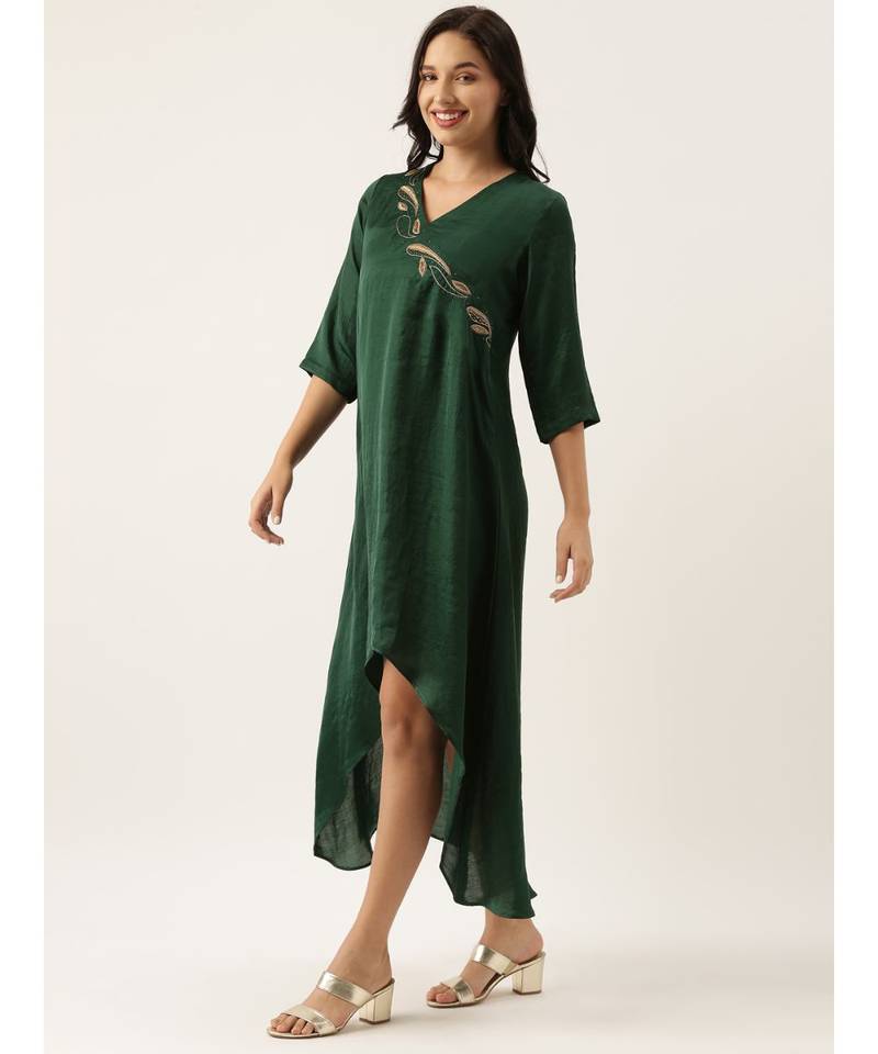 Bottle Green Silk Embroidered Dress