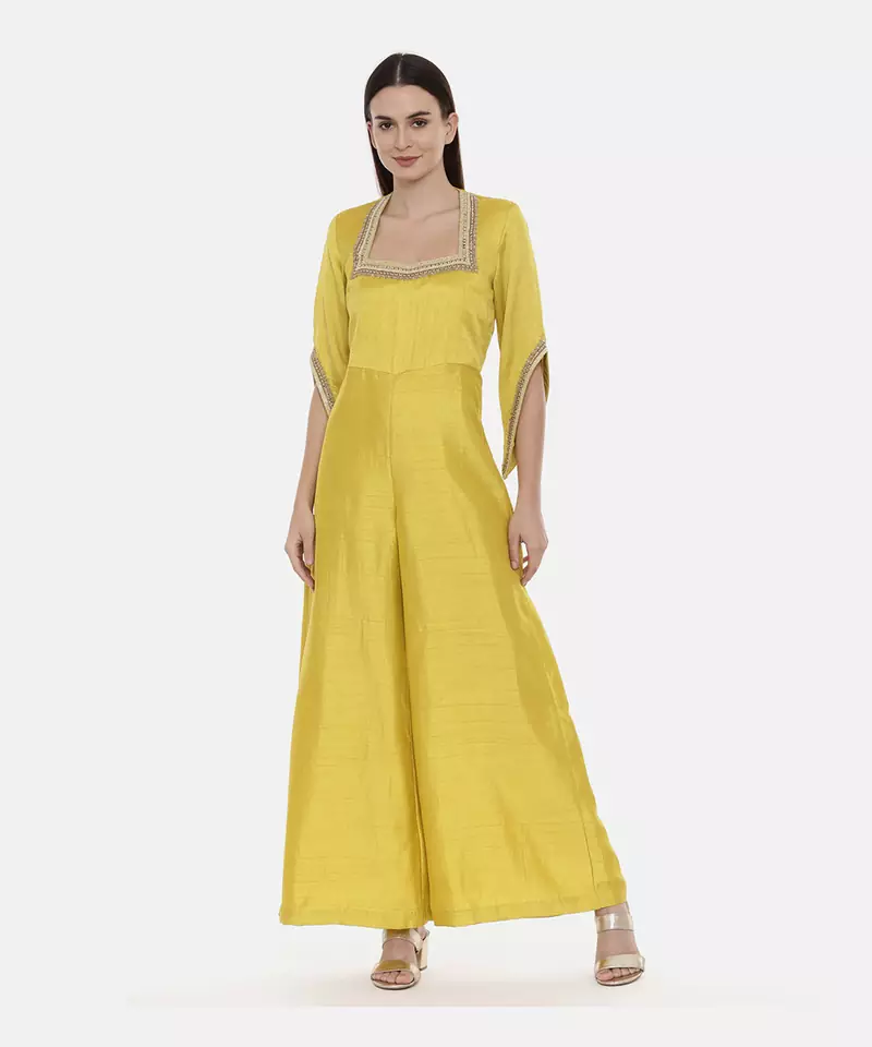 Brown Silk Emb Jumpsuit