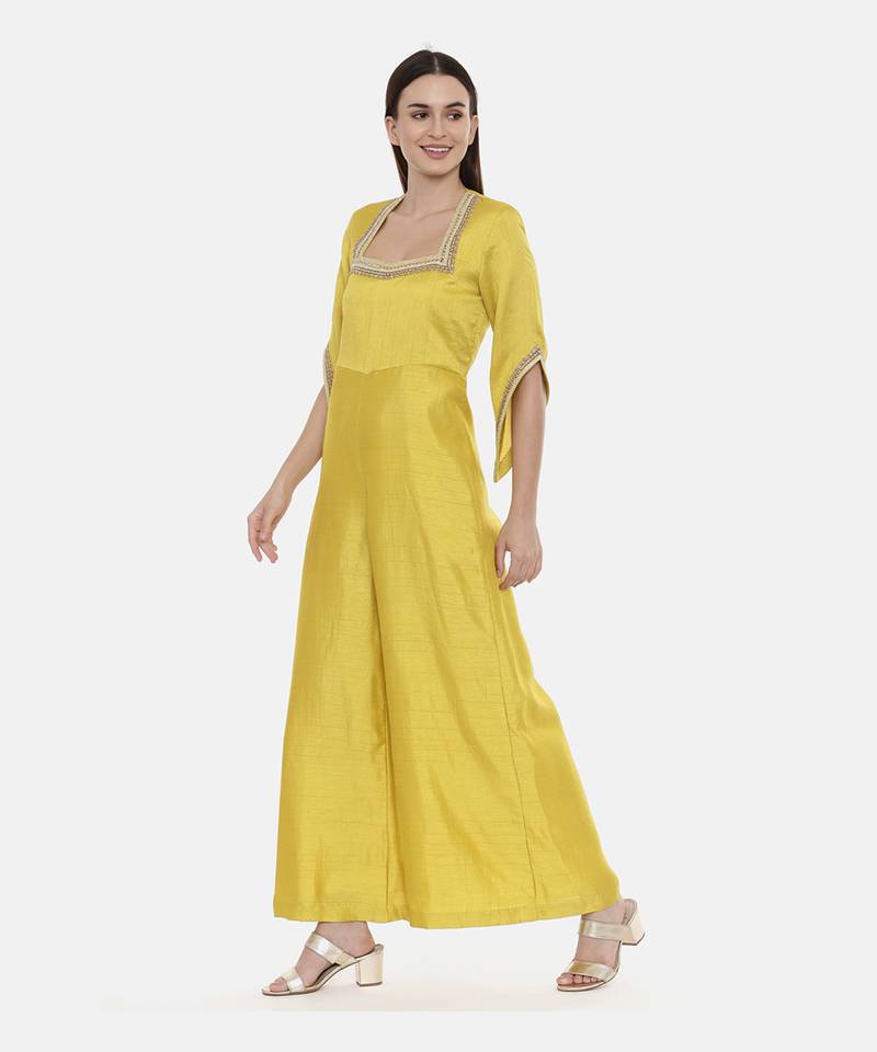 Brown Silk Emb Jumpsuit