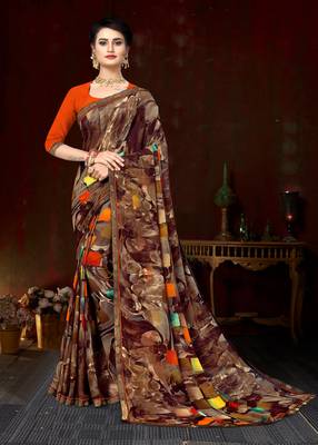 Brown Georgette Printed with lace work Designer Saree 1