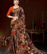 Brown Georgette Printed with lace work Designer Saree