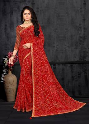 Red Georgette Bandhani Printed Designer Saree 1
