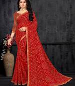 Red Georgette Bandhani Printed Designer Saree