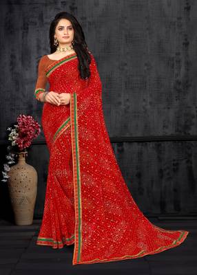 Red Georgette Bandhani Printed Designer Saree 1
