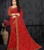 Red Georgette Bandhani Printed Designer Saree