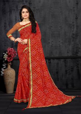 Red Georgette Bandhani Printed Designer Saree 1