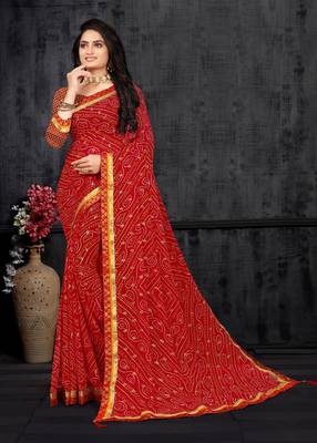 Red Georgette Bandhani Printed Designer Saree 1
