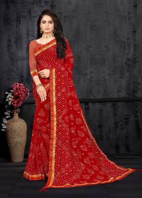 Red Georgette Bandhani Printed Designer Saree 1
