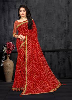 Red Georgette Bandhani Printed Designer Saree 1