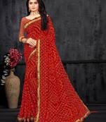 Red Georgette Bandhani Printed Designer Saree