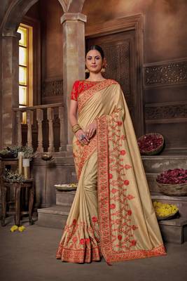 Beige Poly Silk Heavy Embroidered Work Designer Saree 1
