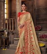 Beige Poly Silk Heavy Embroidered Work Designer Saree