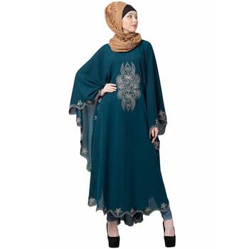 Premium Quality Creep/ Koshibo fabric resham Embroidery Design Pentex/Plated kaftan style With Hijab  (Teal Green) 1