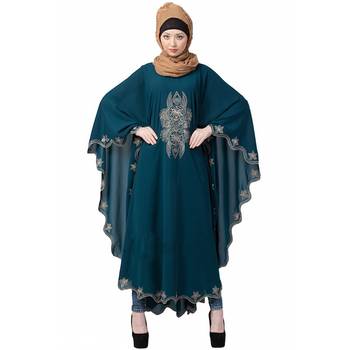 Premium Quality Creep/ Koshibo fabric resham Embroidery Design Pentex/Plated kaftan style With Hijab  (Teal Green) 2