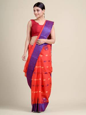 Red Woven Pure Cotton Saree Without Blouse 1