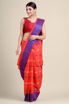 Red Woven Pure Cotton Saree Without Blouse