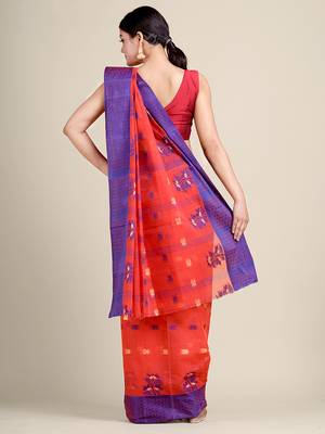 Red Woven Pure Cotton Saree Without Blouse 3
