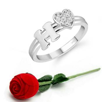 Vighnaharta cz alloy Rhodium plated Valentine collection Initial '' H '' Letter with heart ring alphabet collection 1