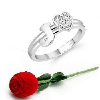 Vighnaharta cz alloy Rhodium plated Valentine collection Initial '' J '' Letter with heart ring alphabet collection 1
