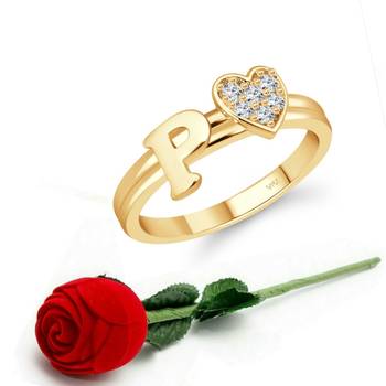 Vighnaharta cz alloy Gold plated Valentine collection Initial '' P '' Letter with heart ring alphabet collection 1